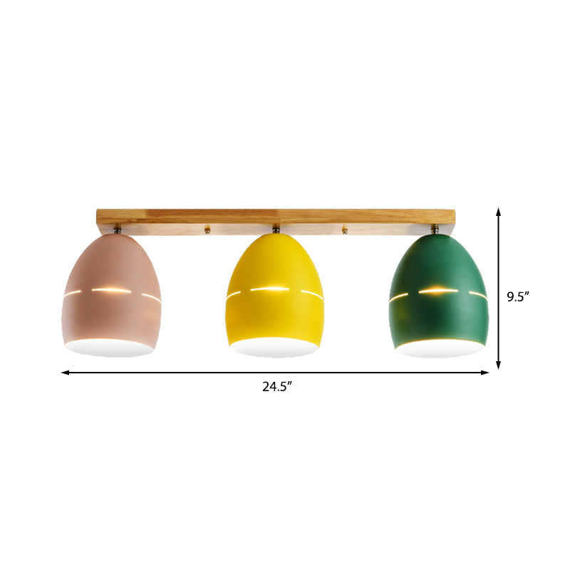 Nordic Wood Finish Linear Semi-Flushmount Light: 3 Lights And Oval Metal Shade