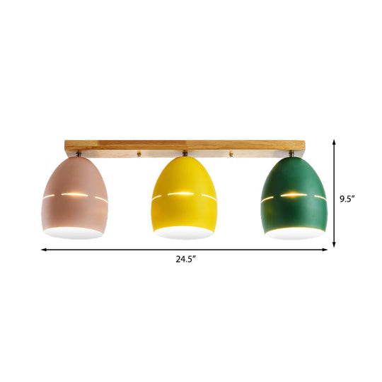 Nordic Wood Finish Linear Semi-Flushmount Light: 3 Lights And Oval Metal Shade