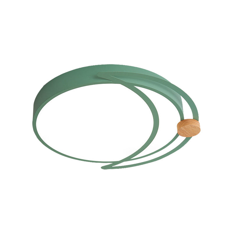 Modern Moon Eclipse Led Bedroom Flush Mount Ceiling Light In Grey/White/Green With Wood Accent