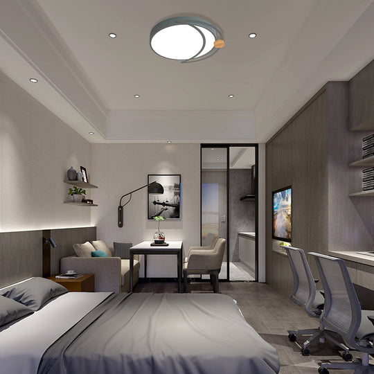 Modern Moon Eclipse Led Bedroom Flush Mount Ceiling Light In Grey/White/Green With Wood Accent