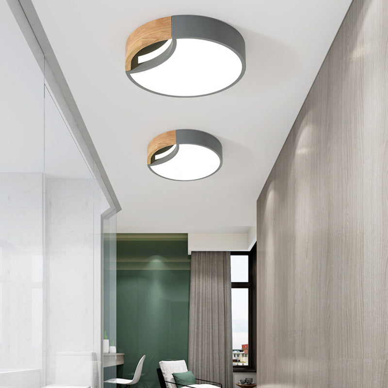 Nordic Iron Grey/White/Green Led Ceiling Light With Wood Grip - 12/16/19.5 Wide