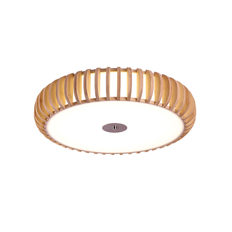 Japanese Wood Ceiling Lamp - Beige Round Flush Mount 3 Heads For Living Room