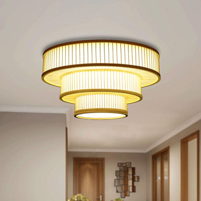 Beige Led Bamboo Ceiling Light For Bedroom - Flush Mount Fixture’ Or ’Flush Shade