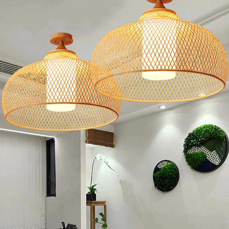 Bamboo Domed Semi Flush Light: Asian 1 - Bulb Wood Ceiling Fixture Cylinder White Shade