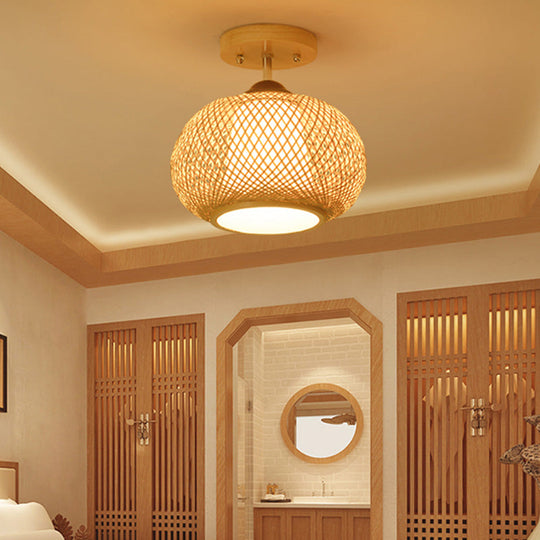 Bamboo Pumpkin Semi-Flush Mount 1-Light Flaxen Ceiling Fixture - 14’/16’ Wide / 14’