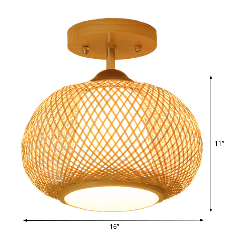 Bamboo Pumpkin Semi-Flush Mount 1-Light Flaxen Ceiling Fixture - 14’/16’ Wide