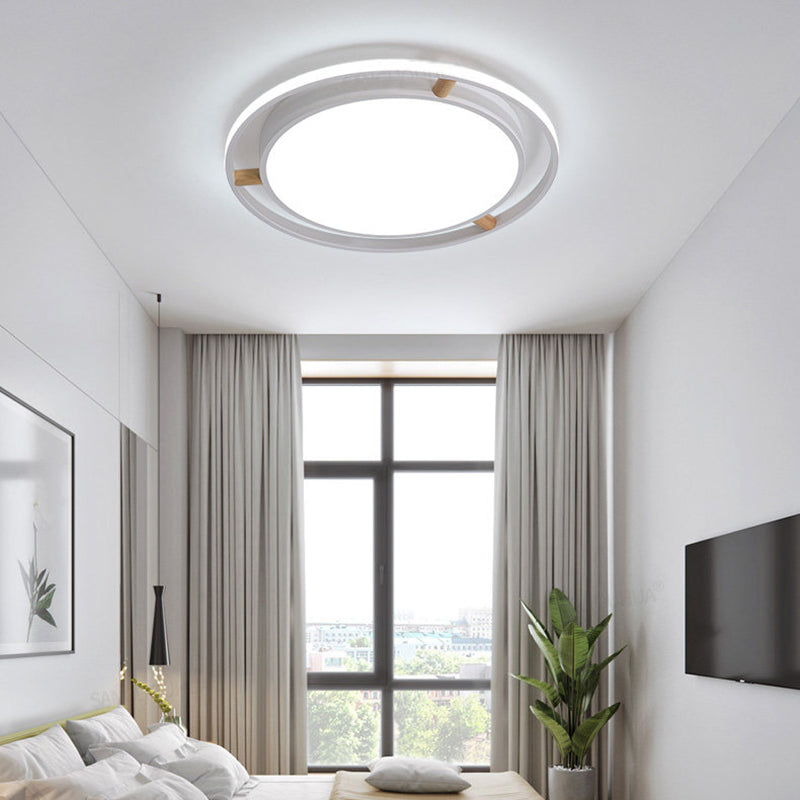 Nordic Dual Circle Led Ceiling Flush Light With Wood Arm - White/Green/Grey Thin Flushmount Lighting