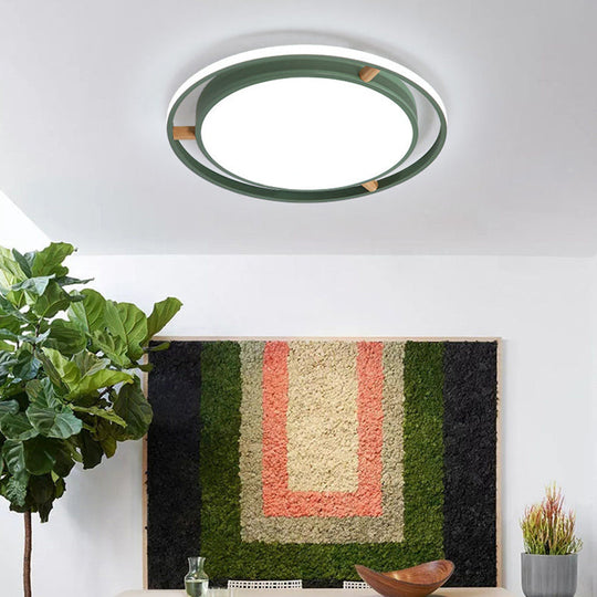 Nordic Dual Circle Led Ceiling Flush Light With Wood Arm - White/Green/Grey Thin Flushmount Lighting