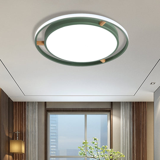 Nordic Dual Circle Led Ceiling Flush Light With Wood Arm - White/Green/Grey Thin Flushmount Lighting