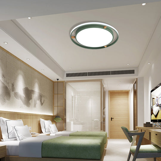 Nordic Dual Circle Led Ceiling Flush Light With Wood Arm - White/Green/Grey Thin Flushmount Lighting