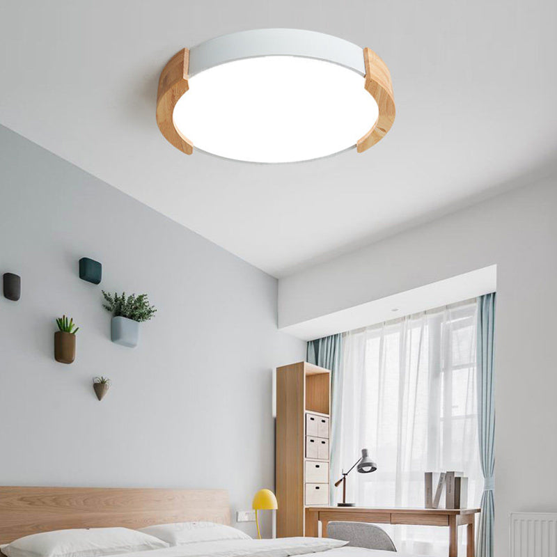Nordic Grey/White/Green Round Flush Light With Wood Side Guard - Ceiling Mounted Fixture For