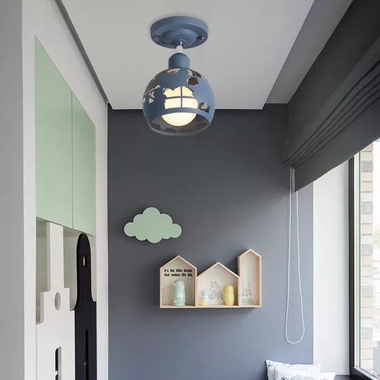 Modern Metal Semi - Flush Light With 1 Head For Hallway - Pink/Yellow/Blue Domed Design Dark Blue