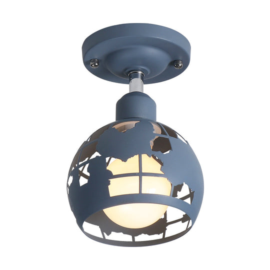Modern Metal Semi - Flush Light With 1 Head For Hallway - Pink/Yellow/Blue Domed Design