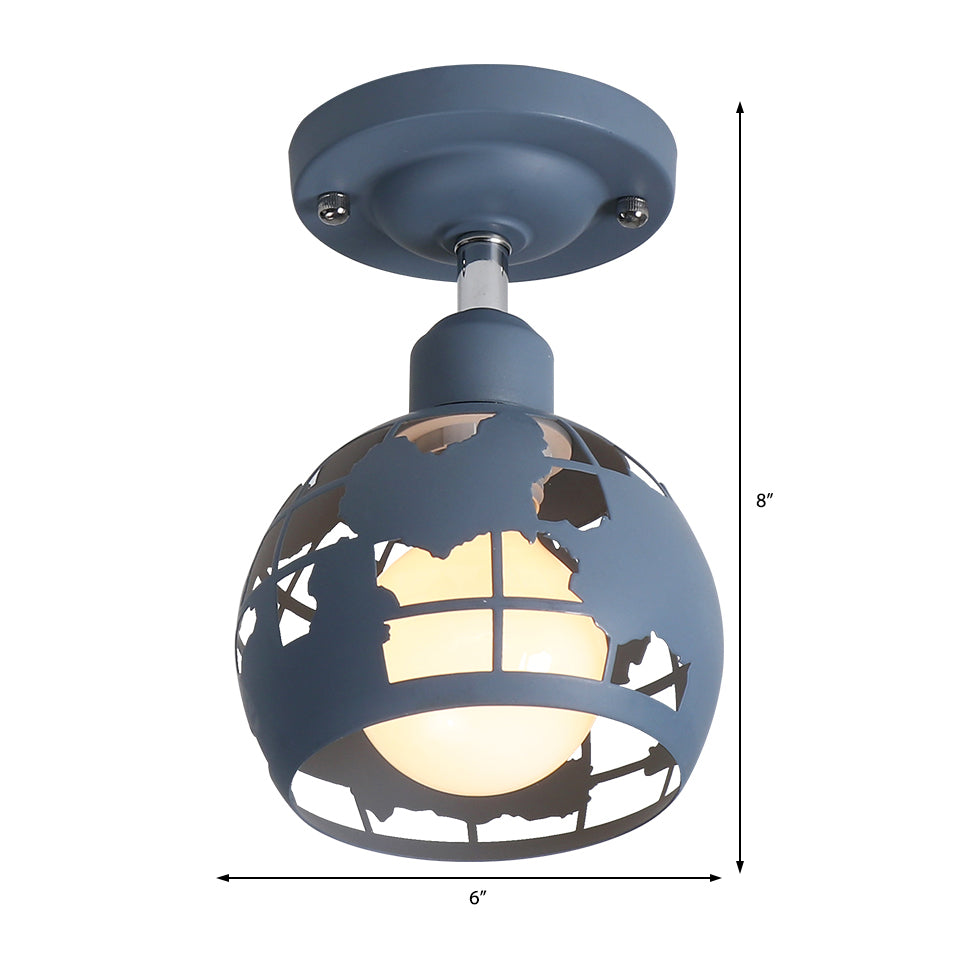 Modern Metal Semi - Flush Light With 1 Head For Hallway - Pink/Yellow/Blue Domed Design