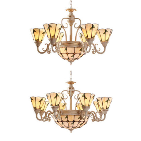 Tiffany Cone Pendant Light 9/11-Light Stained Glass Chandelier - Beige With Leaf Pattern
