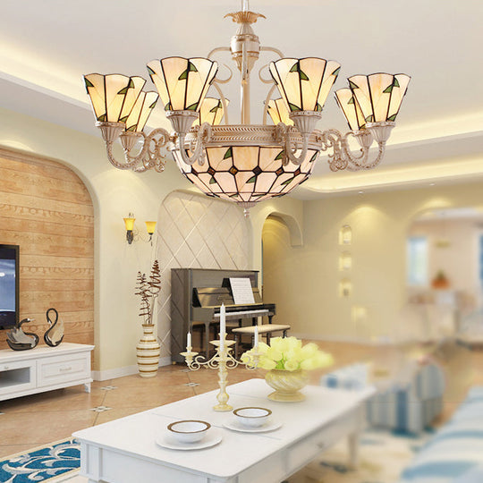 Tiffany Cone Pendant Light - 9/11 Lights Beige Stained Glass Chandelier With Leaf Pattern 11 /