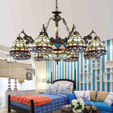 Baroque Stained Glass Pendant Chandelier - 9/11 Lights Blue Bowl-Shaped Fixture For Bedroom