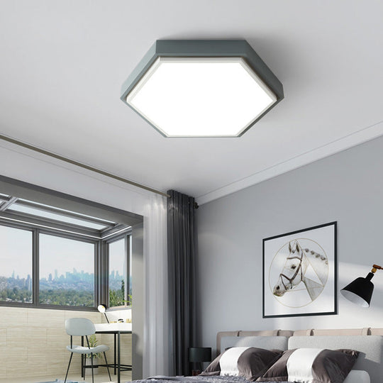 Nordic Hexagon Flushmount Metal Led Ceiling Light - Black/Green/Grey/White 16/19.5 Wide Frosted