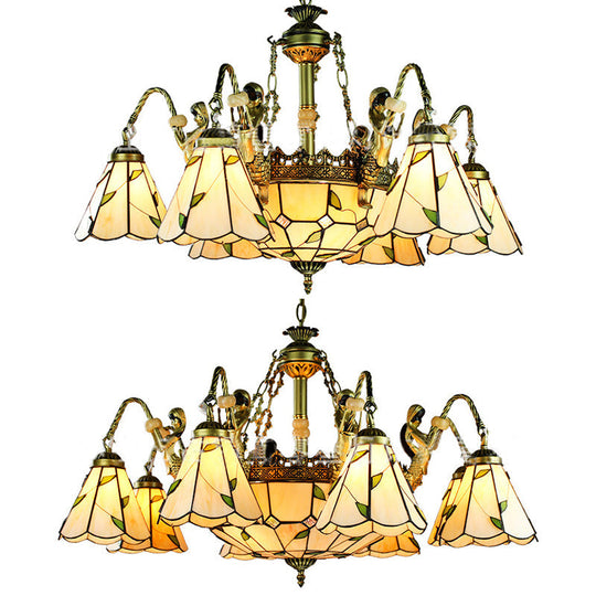 Tiffany Cut Glass Beige Pendant Chandelier: Conical Hanging Light With Mermaid Deco And 9/11 Lights