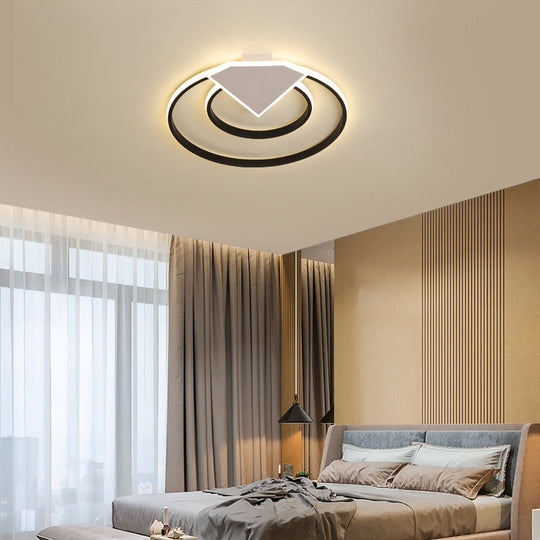 Modern Black Flush Mount Ceiling Light: Double Ring Led Indoor Lighting - Warm/White Light
