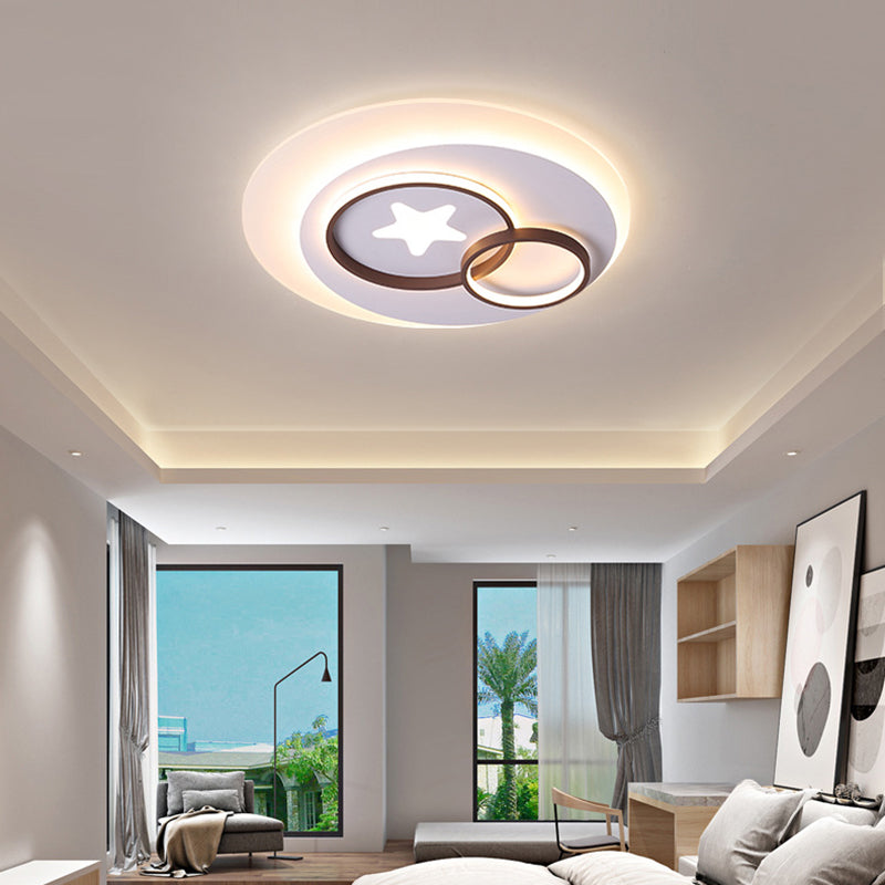 Contemporary Led Indoor Flush Lamp - White Circles Mount Lighting With Star Design Warm/White