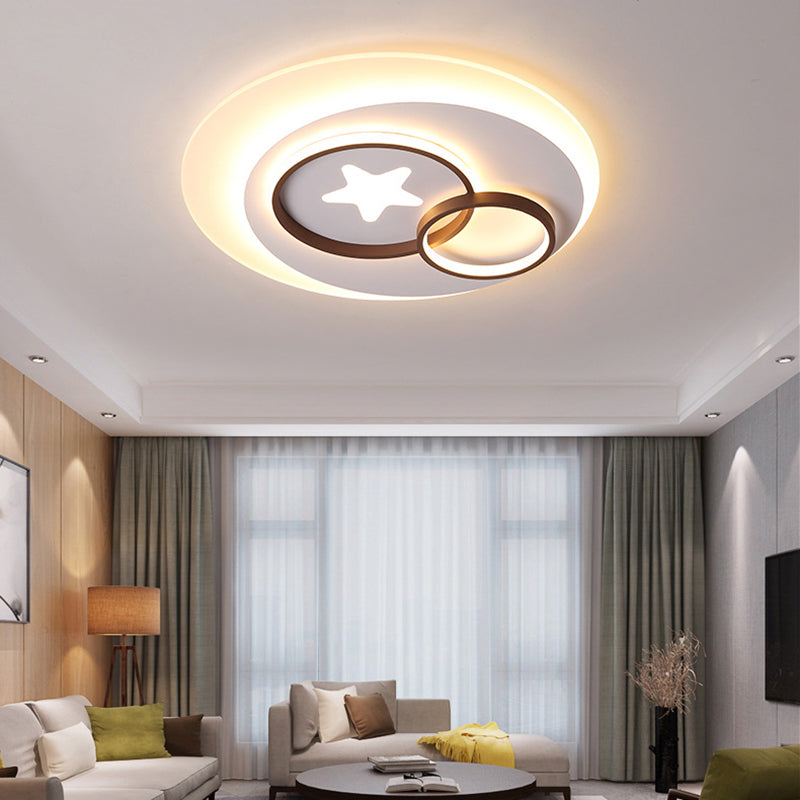 Contemporary Led Indoor Flush Lamp - White Circles Mount Lighting With Star Design Warm/White