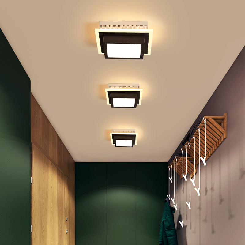 Modern Led Flush Ceiling Lamp In Black/White - Round Square Or Triangle Acrylic Design For Corridor