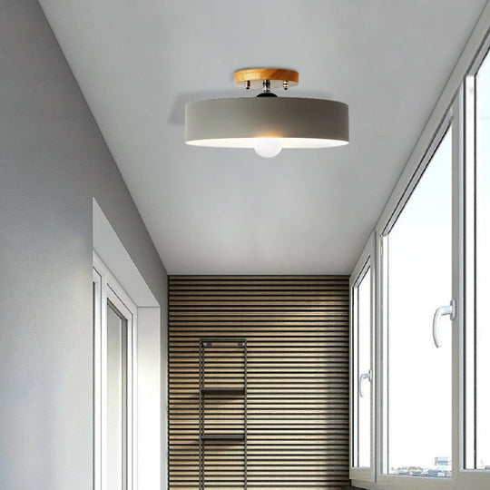 Modern Semi-Mount Drum Light: 1-Light 12’ W Metal Fixture In Gray/White/Red/Pink For Living Room