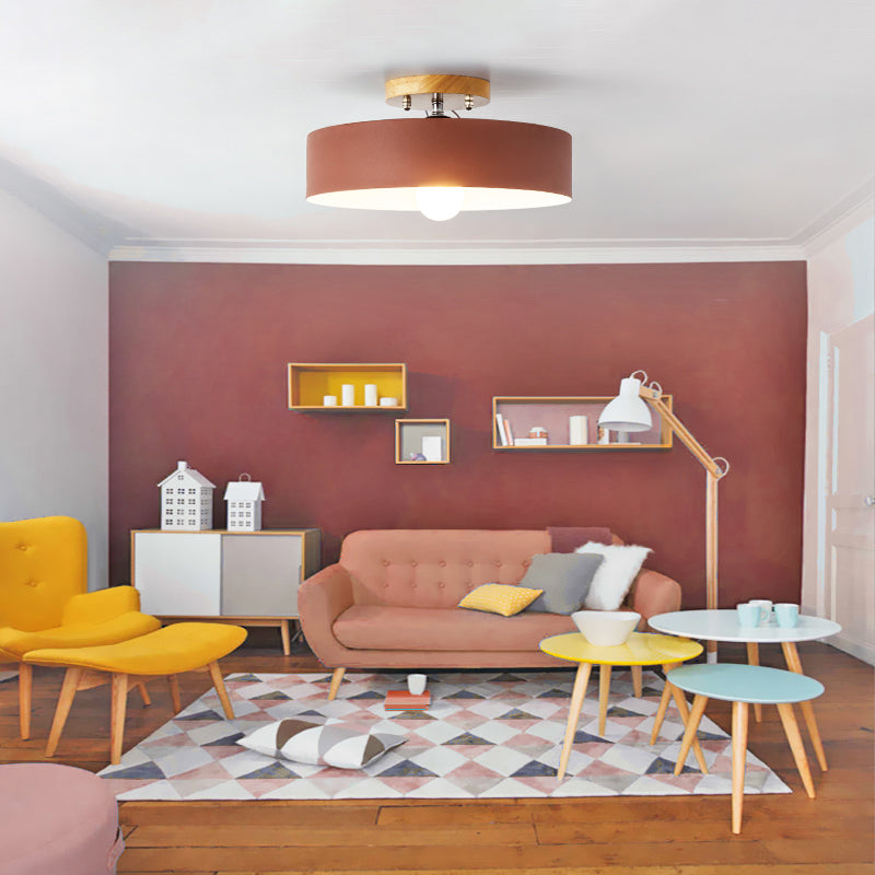 Modern Semi-Mount Drum Light: 1-Light 12’ W Metal Fixture In Gray/White/Red/Pink For Living Room