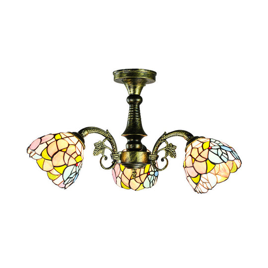 Stained Glass Tiffany Peacock Tail/Leaf/Flower Chandelier Light - Rustic Ceiling Fixture In Antique
