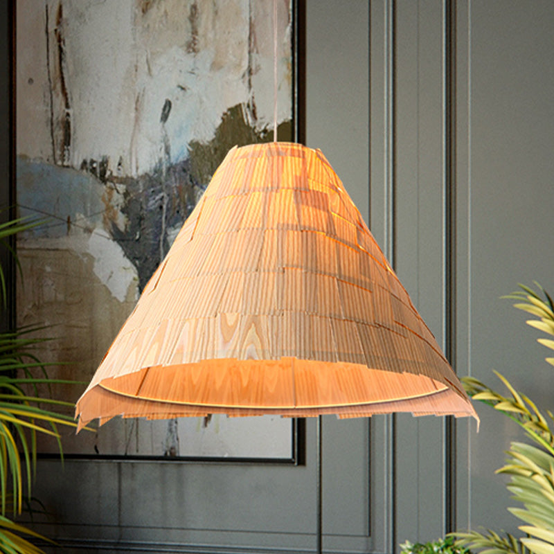 Japanese Wood Flare Pendant Ceiling Lamp - Wide 1 Head Suspension In Beige