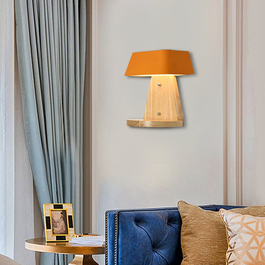 Modern Metal Trapezoid Wall Sconce With Wooden Backplate - White/Orange/Blue Light Fixture For