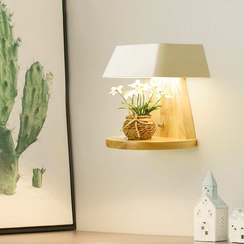 Modern Metal Trapezoid Wall Sconce With Wooden Backplate - White/Orange/Blue Light Fixture For