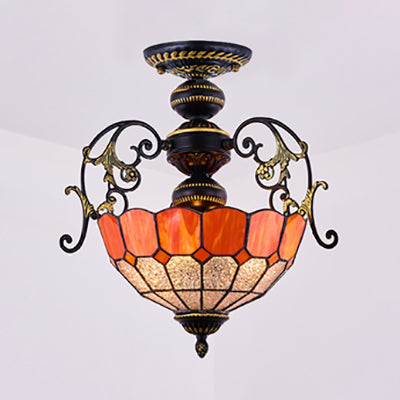 Rustic Bowl Ceiling Light Fixture - Stained Glass Semi Flush With Square/Blue And Diamond Designs