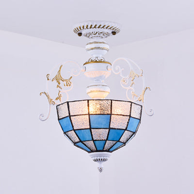 Rustic Bowl Ceiling Light Fixture - Stained Glass Semi Flush With Square/Blue And Diamond Designs