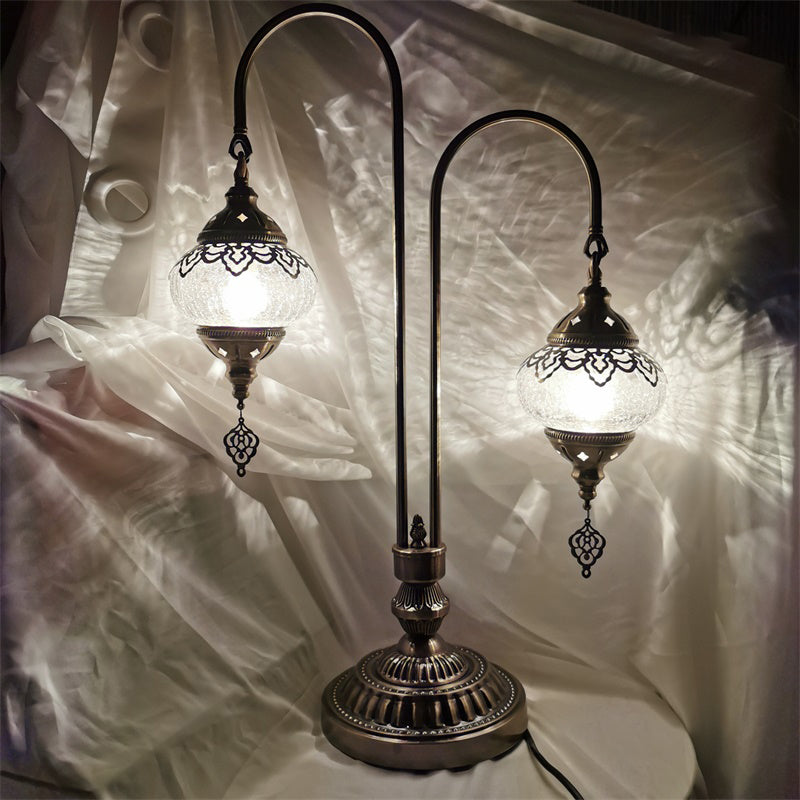 Vintage Crackle Glass Bedside Lamp With Oval Shade And 1/2/3 Lights Bronze Night Table Decor 2 /