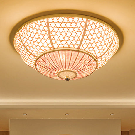 Bamboo Flush Dome Light: Chinese Style Beige Ceiling Fixture (3 Bulbs) - Ideal For Living Room