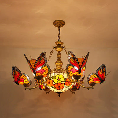 Colorful Glass Butterfly Chandelier With Red Flower/Rose Dome Shade For Staircase / Flower