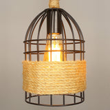 Industrial Birdcage Pendant Lighting With Natural Rope - Black Finish