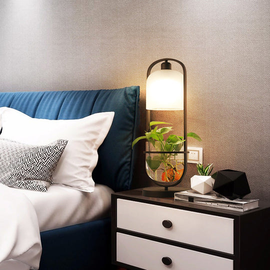 Industrial Metal Led Nightstand Lamp With Plant Container - Black Oval Design For Living Room