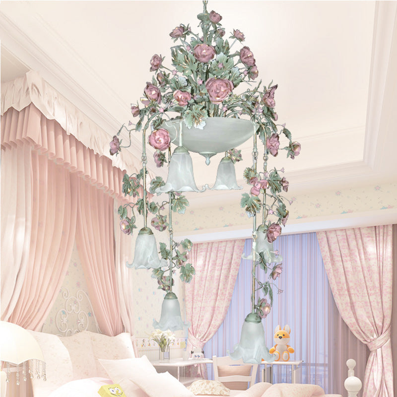 Blossom White Chandelier With 10 Led Bulbs - Elegant Bedroom Lighting In Pink/Red