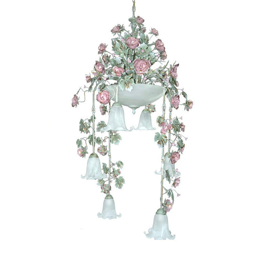 Blossom White Chandelier With 10 Led Bulbs - Elegant Bedroom Lighting In Pink/Red