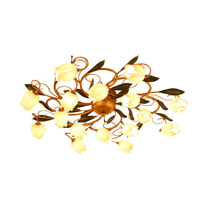 Metal Brass Ceiling Flush Lily/Tulip Led Semi Mount Lighting - 16 - Head American Garden Style For