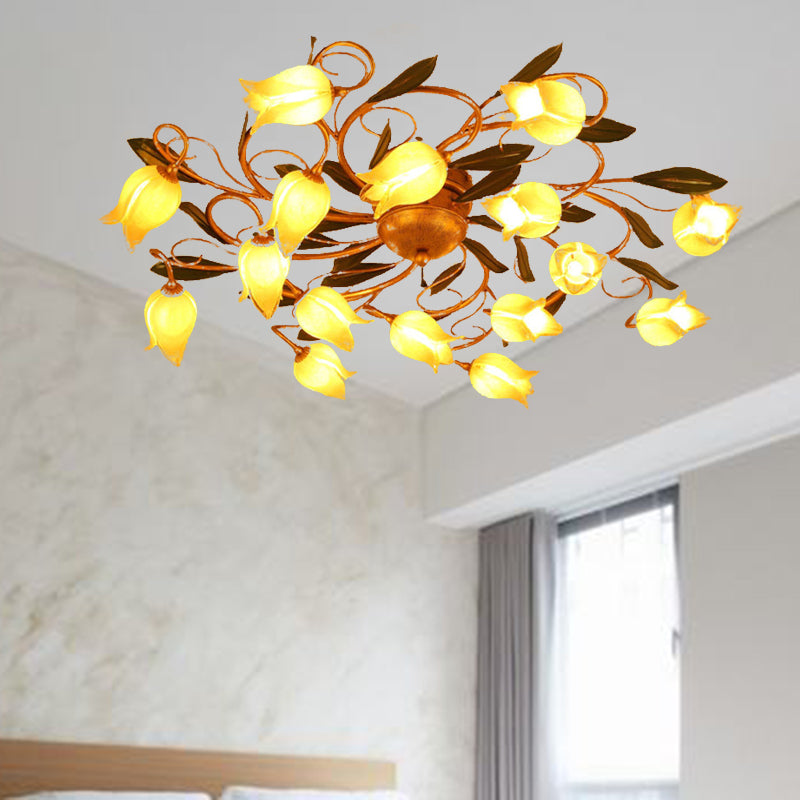Metal Brass Ceiling Flush Lily/Tulip Led Semi Mount Lighting - 16 - Head American Garden Style For