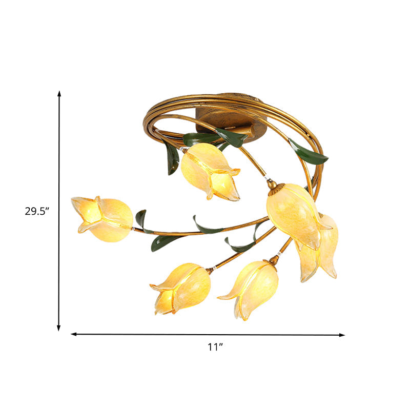 Tulip Ceiling Light: 6 - Bulb Led Semi Flush Mount In Brass For Living Room