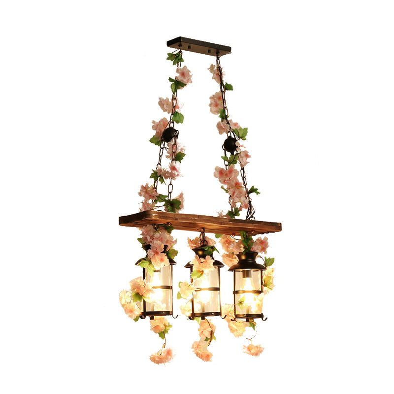 Retro Wooden Lantern 2/3 Head Island Ceiling Light With Led Drop Lamp Pink/Green Plant/Flower Decor