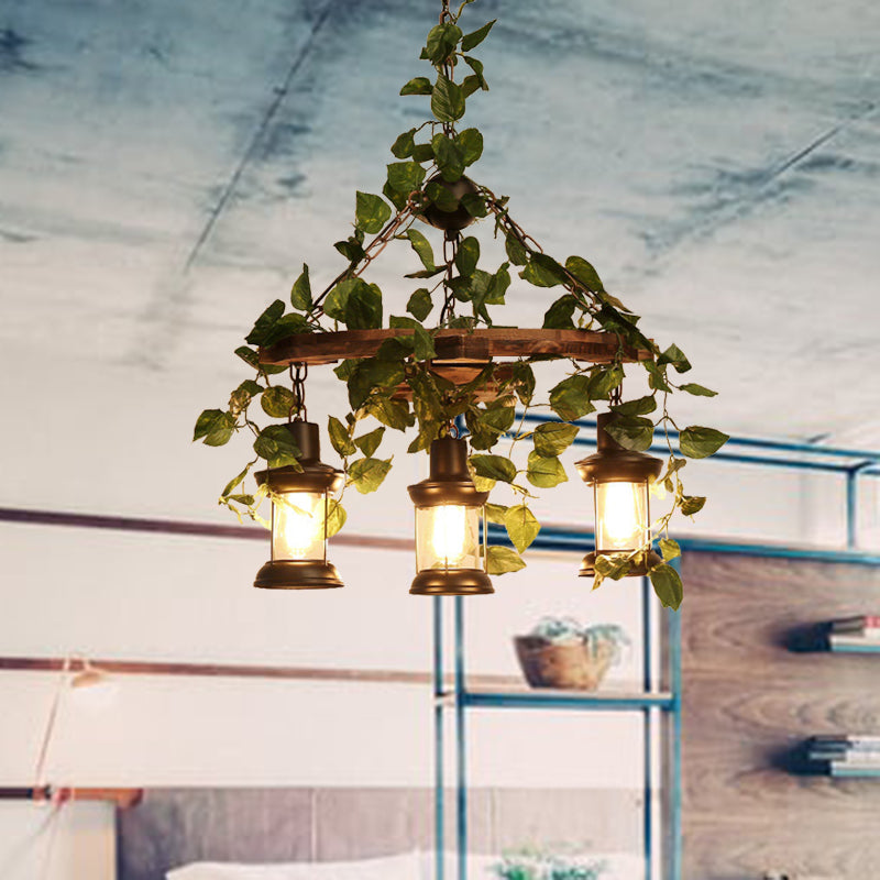 Industrial Green Lantern Wooden Chandelier - Led Restaurant Ceiling Light (3/6/8 Heads)