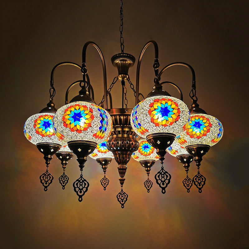 Vintage Handcrafted Art Glass Oval Pendant Light Chandelier With 9 White/Yellow/Gold Heads For