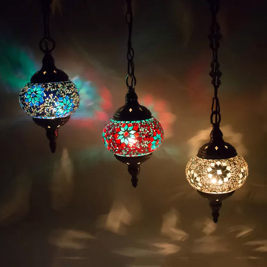 Vintage Stained Glass Bedroom Pendant - Red/Yellow/Green Oval Cluster Lamp With 3 Heads