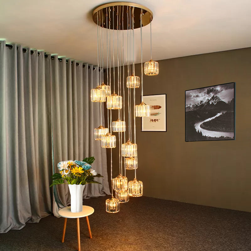 15-Light Modernist Hanging Ceiling Lamp With Amber Crystal Drum Shade For Living Room